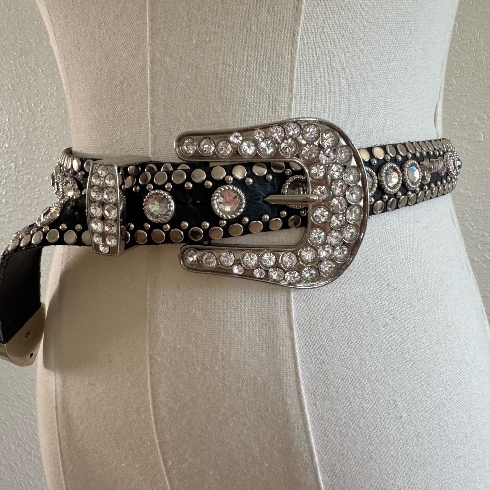 Kippys Swarovski crystal leather western Y2K black an silver trendy country belt - Picture 7 of 15